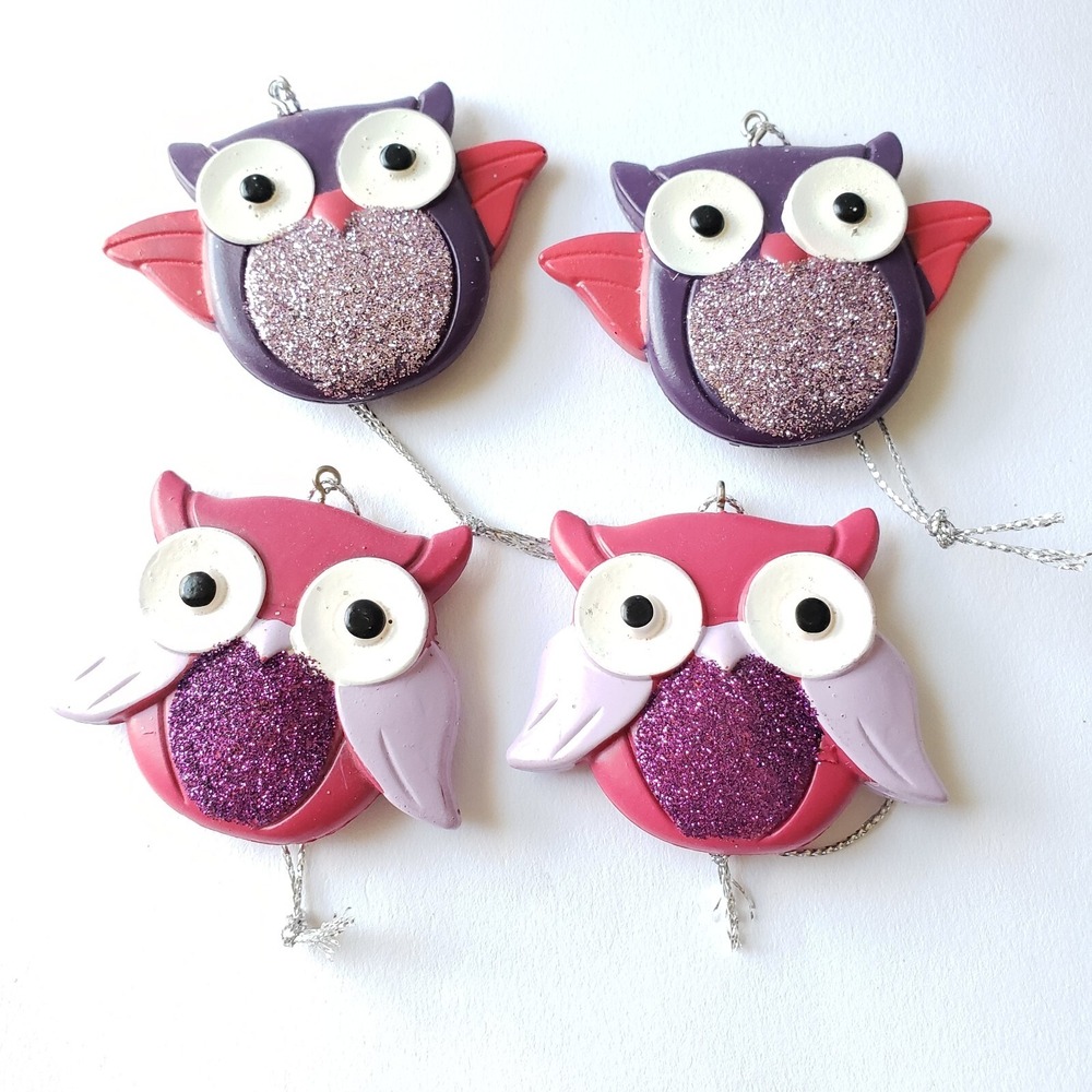 Mini Owl Ornaments Set Of 4 Purple & Pink By Holiday Time